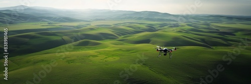 A drone flies over a picturesque landscape of rolling green hills  showcasing the beauty of nature from above