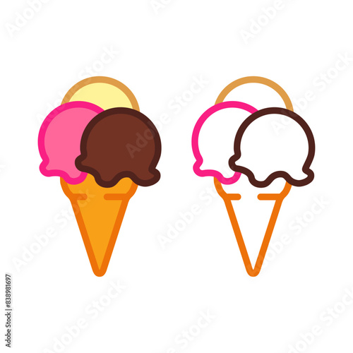 Logo ice cream. Silueta con líneas y relleno de cono de waffle con 3 bolas de helado en sabores fresa, vainilla y chocolate