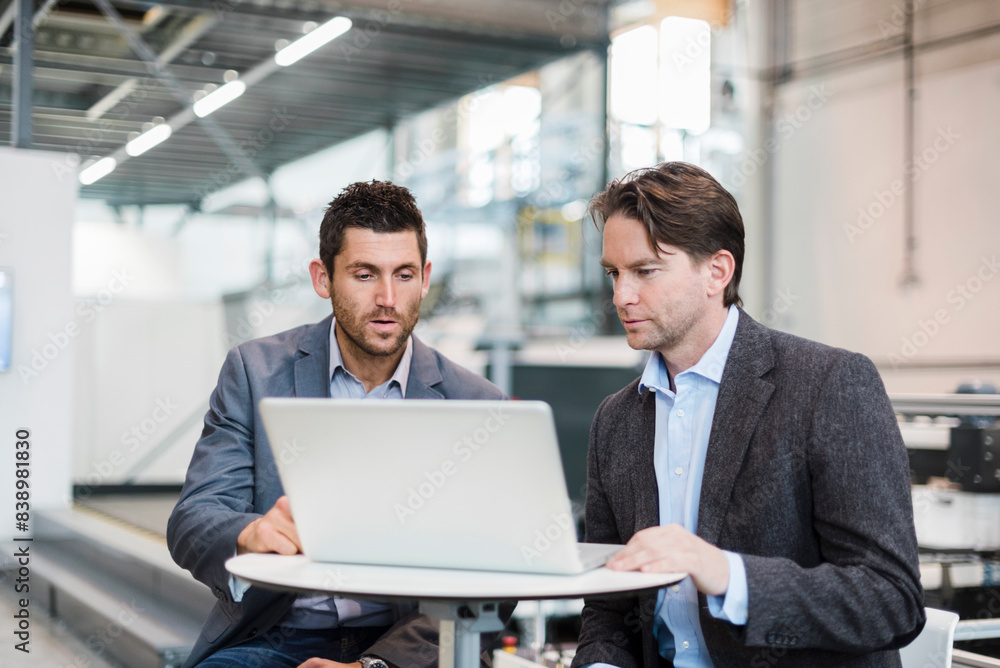 Two businessmen sharing laptop in factory