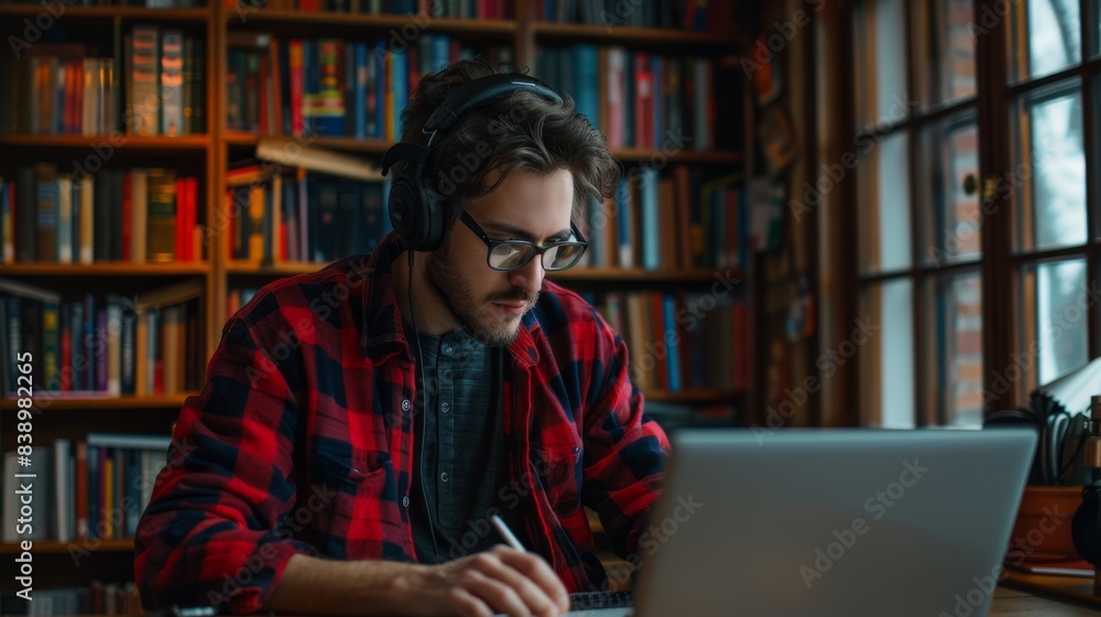 Young man studying in library Young man studying in library