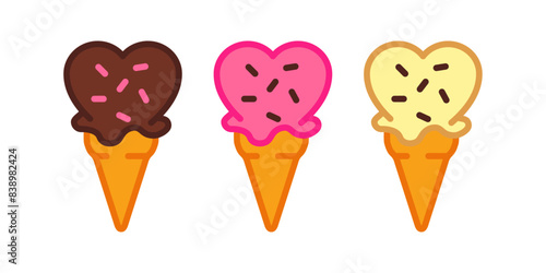 Logo i love ice cream. Grupo de varios helados con bola con forma de corazón en cono de waffle sabores fresa, chocolate y vainilla