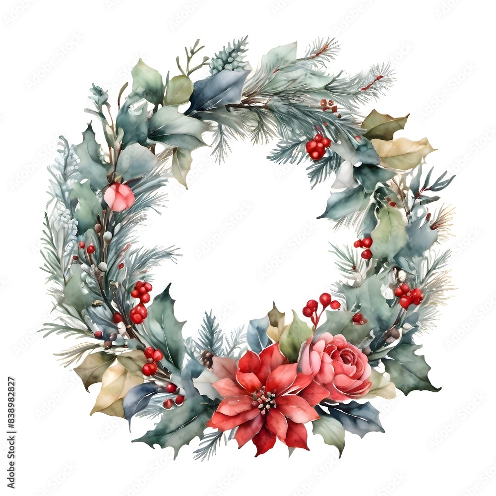 Fototapeta premium Watercolor Winter Christmas Flower Leaves Wreath