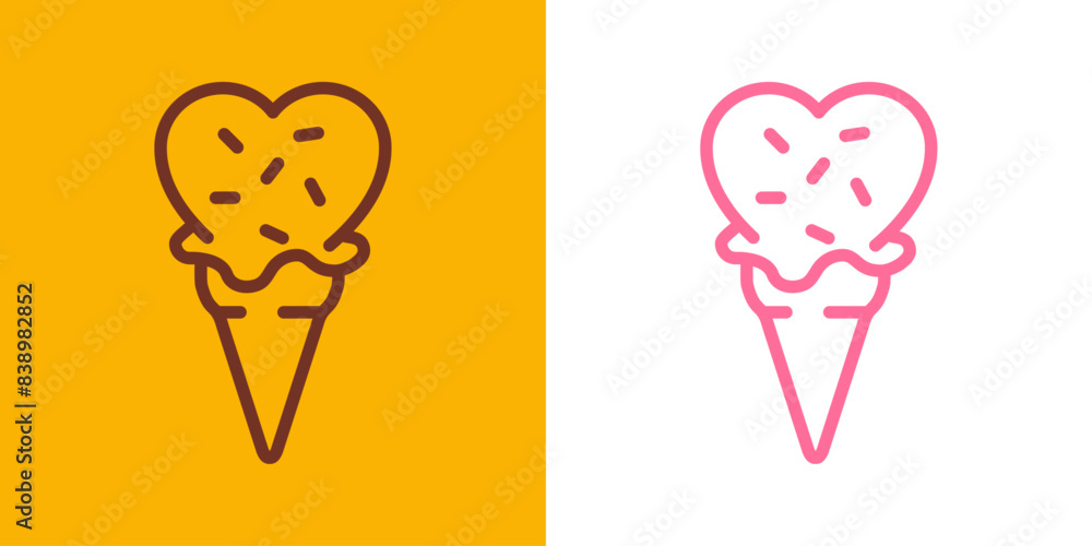 Logo i love ice cream. Silueta con líneas de helados con bola con forma de corazón en cono de waffle sabores fresa y chocolate Logo i love ice cream. Silueta con líneas de helados con bola con forma de corazón en cono de waffle sabores fresa y chocolate