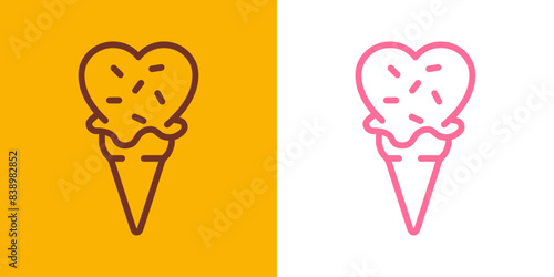 Logo i love ice cream. Silueta con líneas de helados con bola con forma de corazón en cono de waffle sabores fresa y chocolate