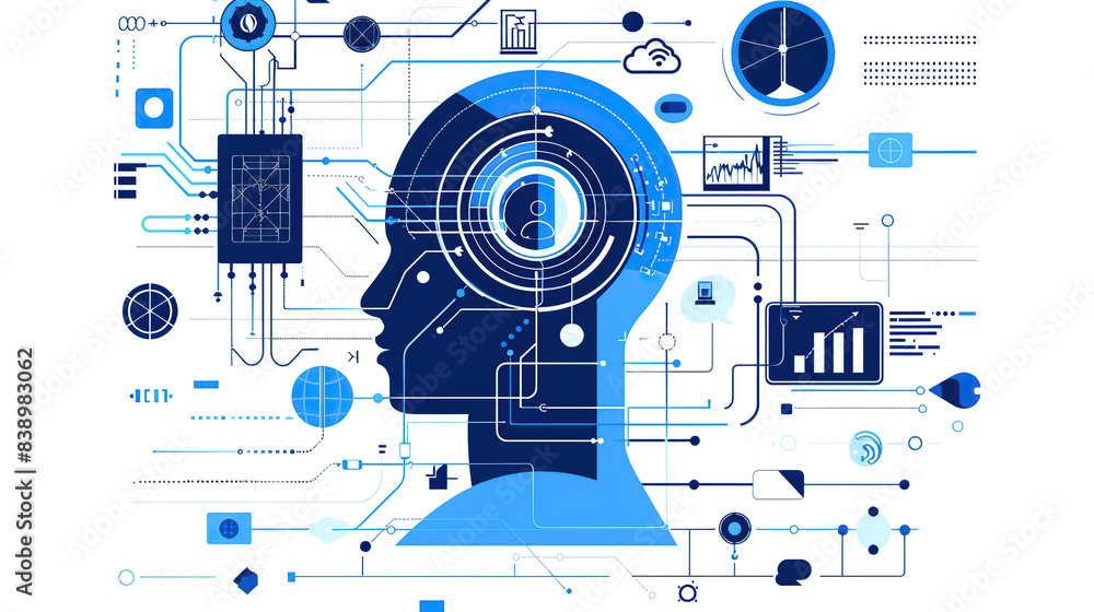 Obraz premium Vector illustration of an AI head with digital elements and symbols, on a white background