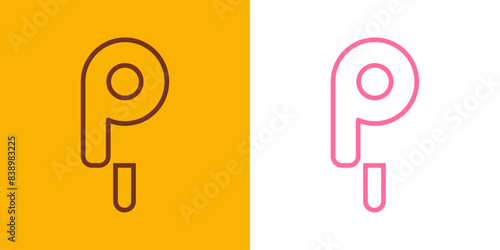 Logo popsicle. Silueta con líneas de helado de paleta sabor fresa y chocolate con forma de letra inicial P