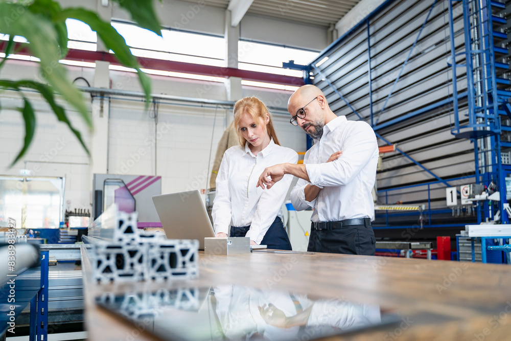 Businessman and businesswoman using laptop in factory