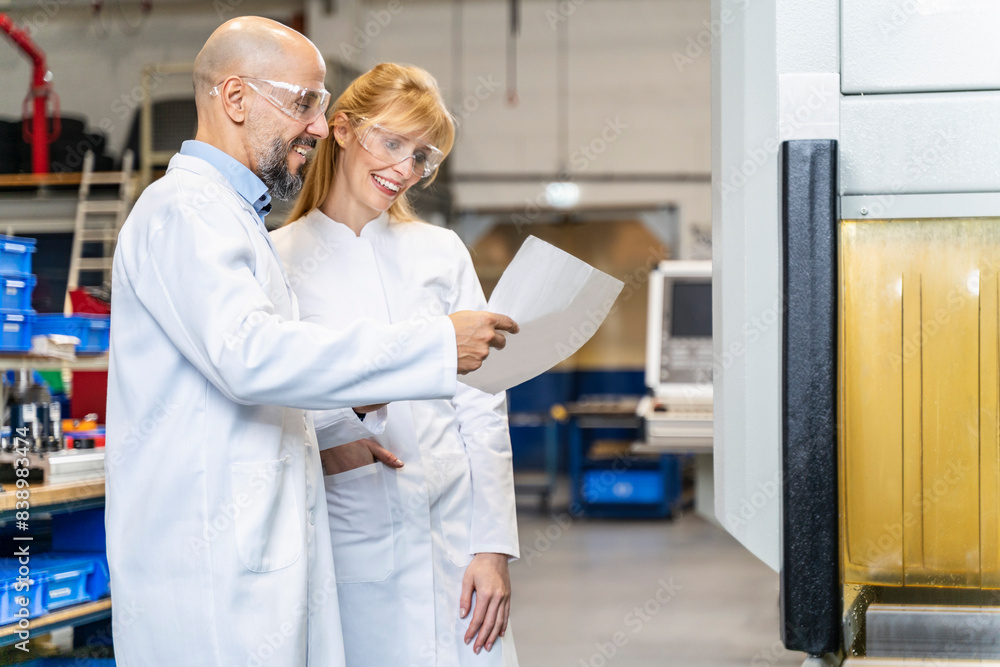 Two happy technicians wearing lab coats and safety glasses looking at plan in factory Two happy technicians wearing lab coats and safety glasses looking at plan in factory