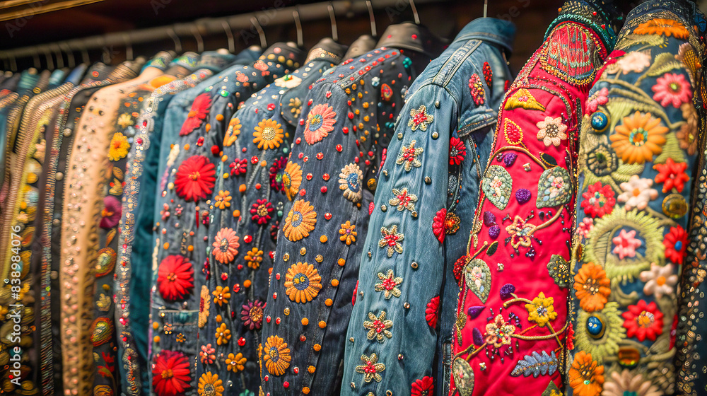 Vibrant embroidered denim jackets on display Vibrant embroidered denim jackets on display