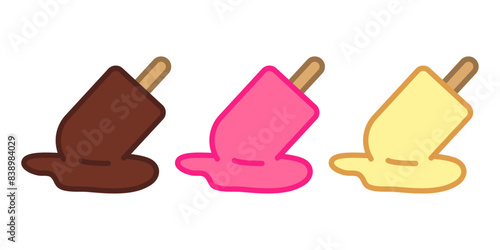 Logo popsicle. Grupo de helados de paleta sabores fresa, chocolate y vainilla cayendo y derritiéndose