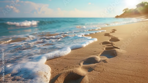 Fototapeta Naklejka Na Ścianę i Meble -  Solitary Footprints Tracing a Path Across the Grainy Sand Beach