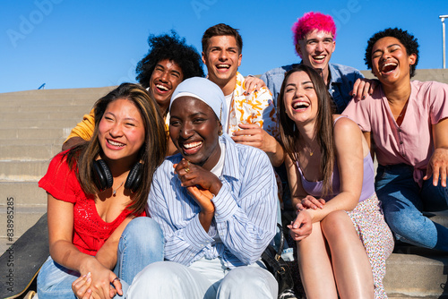 Multiethnic group of young happy friends hanging out in the city - Multiracial group of students meeting and having fun outdoors, concepts about youth, teenage, diversity and lifestyle