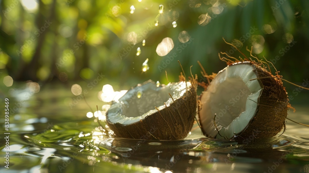 Halved Coconuts on Water Surface in Sunlight, Refreshing Tropical Scene Halved Coconuts on Water Surface in Sunlight, Refreshing Tropical Scene