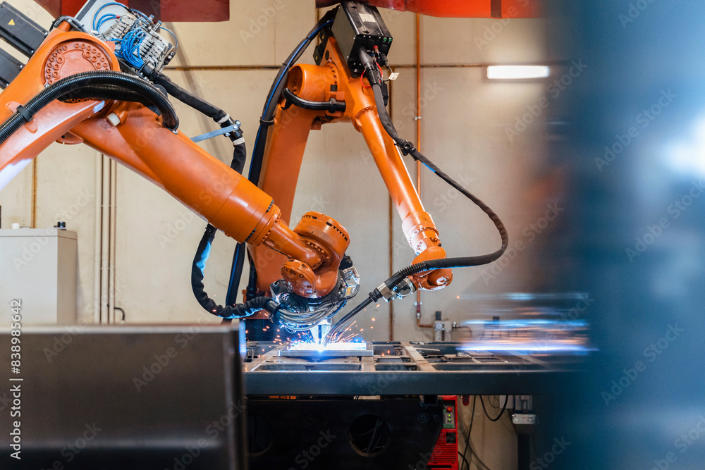 Robotic arms welding in industrial factory