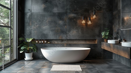 Contemporary Bathroom with Dark Gray Tiles  White Bathtub  and Three Posters. Health and Hygiene Concept. 