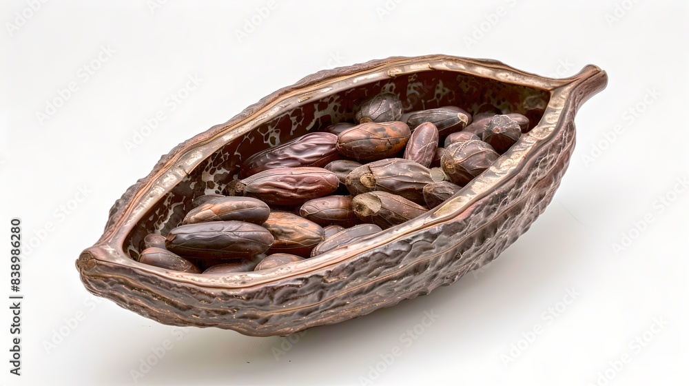 Cocoa beans in a pod isolated on white background. A simple and detailed image. Perfect for food blogs and educational materials. AI Cocoa beans in a pod isolated on white background. A simple and detailed image. Perfect for food blogs and educational materials. AI