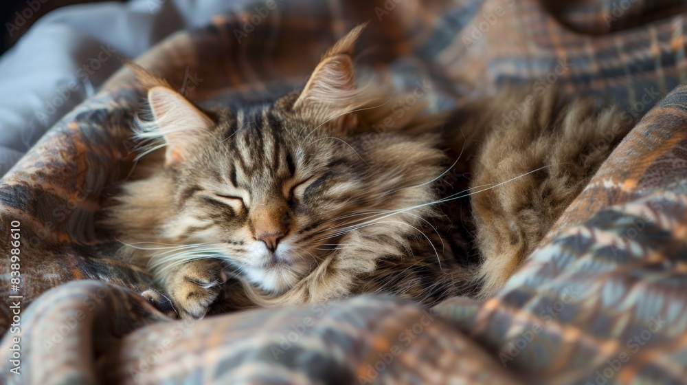 A cat sleeping on a blanket with its eyes closed, AI