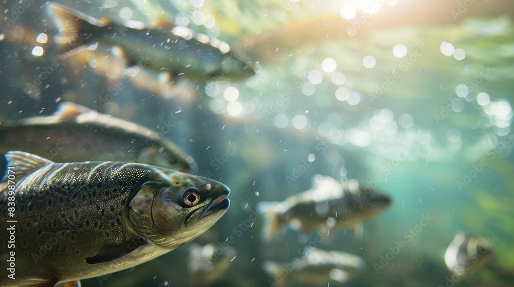 Diverse underwater view of vibrant salmon swimming in clear water with sunlight streaming through, creating a serene aquatic scene. Diverse underwater view of vibrant salmon swimming in clear water with sunlight streaming through, creating a serene aquatic scene.