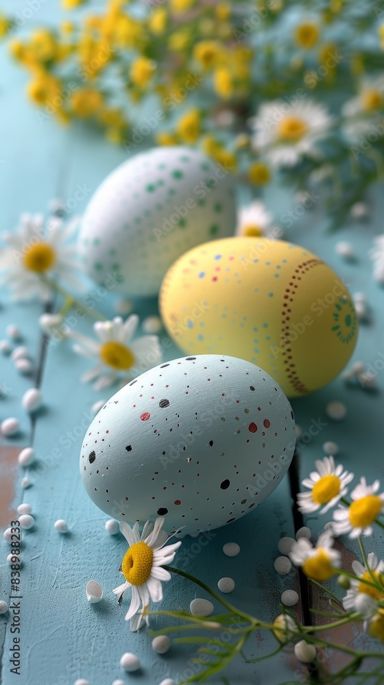 A group of three painted eggs and daisies on a blue table, AI A group of three painted eggs and daisies on a blue table, AI