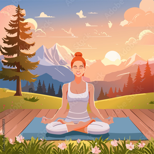 Woman doling meditation yoga at nature mountain in beautiful sunset. Relax healthy lifestyle concept, Vector illustration
