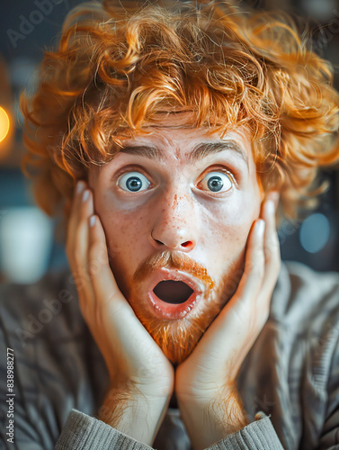 Shocked red haired man with wide eyes