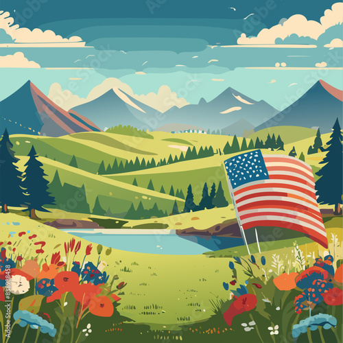 4th of July USA Independence Day. National flag of USA. Summer landcape Vector illustration a
