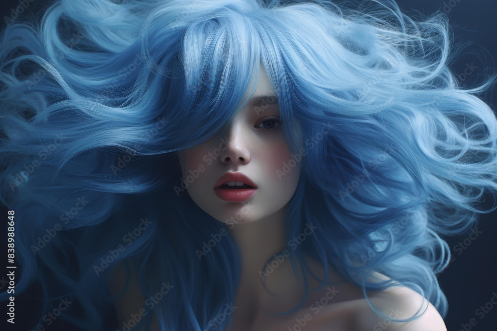 An artistic portrayal of a unique individual with striking blue hair and a captivatingly beautiful face.