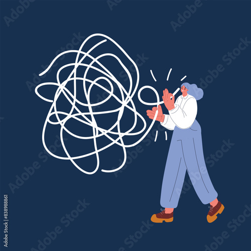 Cartoon vector illustration of Unravel business chaos process with tangle difficult problem mess business concept. Chaos to order, complex to simple metaphor with person trying solve mess cable over d