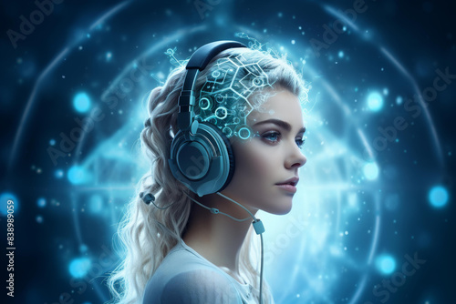 A futuristic woman wearing headphones, looking into the distance with a sense of wonder and curiosity. © ChimE