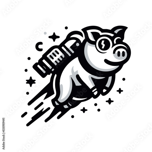 pig and rocket logo. pig logo design wearing a rocket on its back.pig rocket illustration