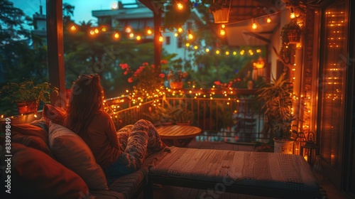 Cozy Outdoor Terrace with Ambient Outdoor String Lights Illuminating the Night
 photo