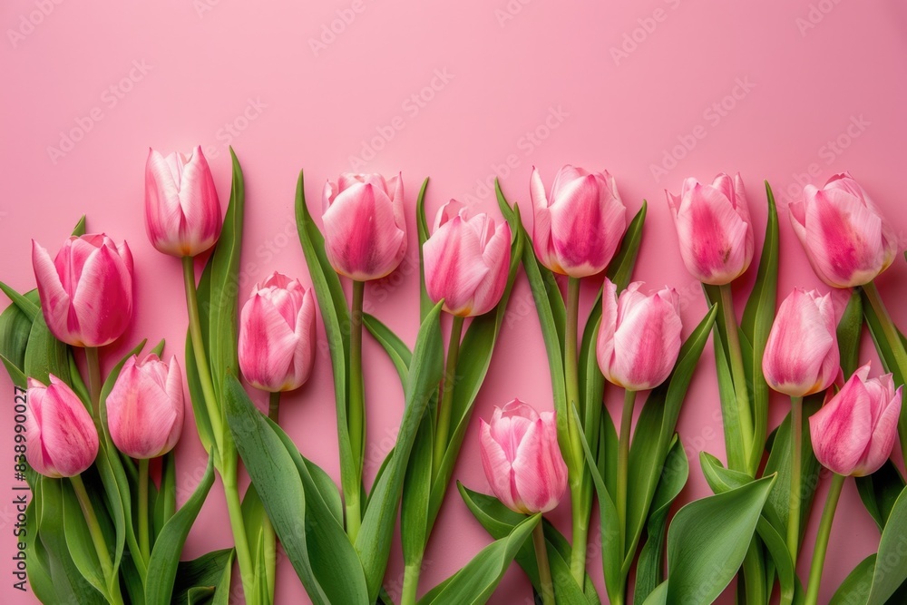 Flowers Pink Background. Beautiful Bouquet of Pink Tulips on Pastel Pink Background for Valentine's Day, Easter, Birthday Flowers Pink Background. Beautiful Bouquet of Pink Tulips on Pastel Pink Background for Valentine's Day, Easter, Birthday