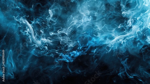 Abstract Water. Magic Mist of Blue Ink in Shiny Smoke with Colourful Particles Texture © Alona