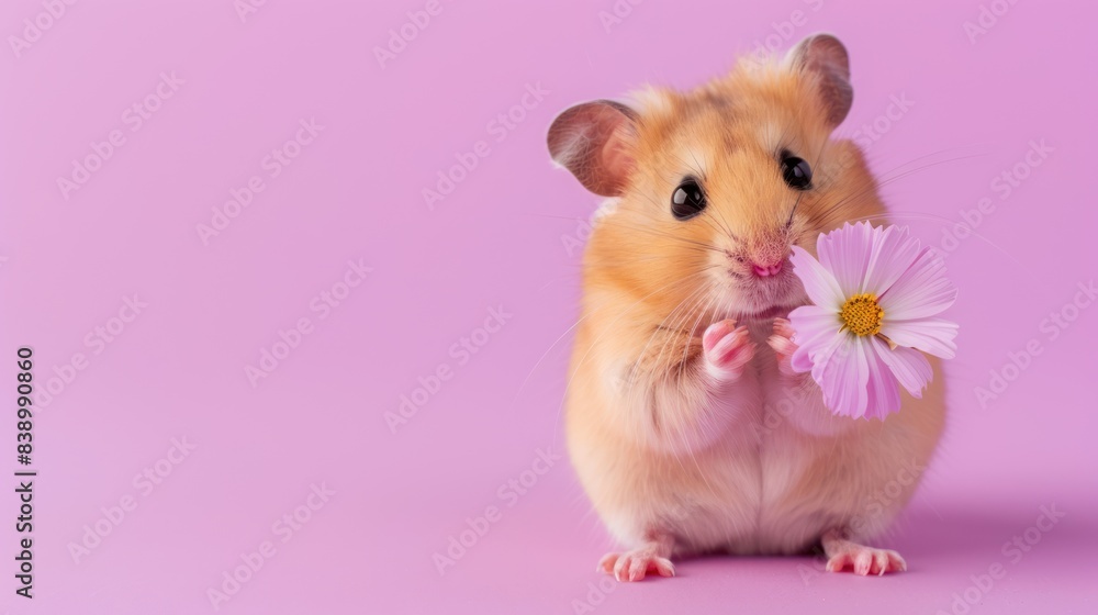 hamster with a flower on an empty background. Advertising blank, poster, mockup, banner hamster with a flower on an empty background. Advertising blank, poster, mockup, banner