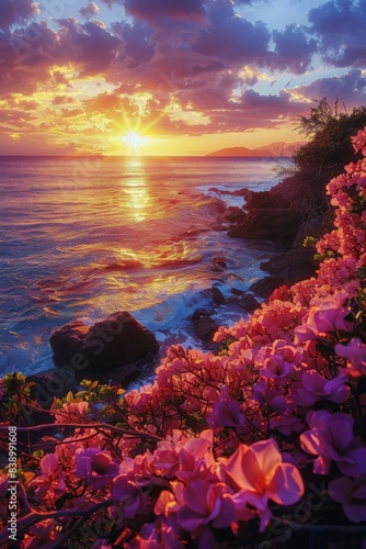 Pink Flowers Blooming at Sunset Over the Ocean © olegganko