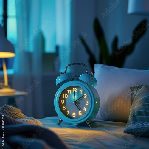 Blue Alarm Clock On Bedside Table At Night