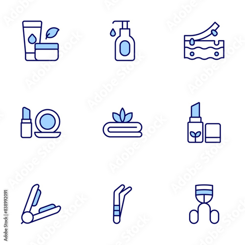 Beauty icon set. Duo tone icon collection. Editable stroke, hair straightener, organic product, make up, tweezers, eyelash curler, shampoo, towel, cosmetics. photo
