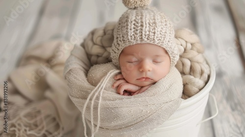 The sleeping newborn in woollen hat photo