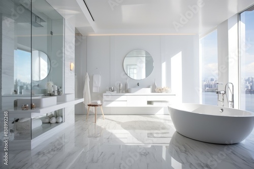 Spacious modern bathroom with freestanding tub  large mirrors  and panoramic city skyline