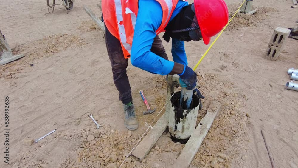 African construction worker installs and measures distance of concrete ...