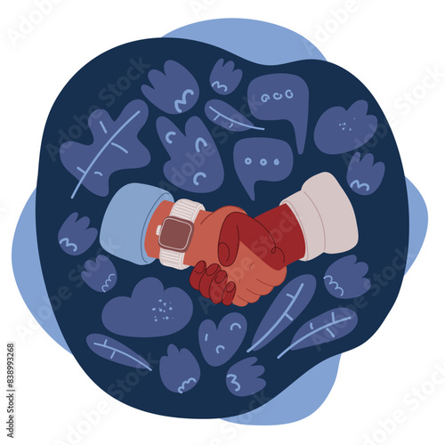 Cartoon vector illustration of shaking hands. Agreement, trust, cooperation concept. Greeting gesture, handshake of businessmen, businesswomen over dark background