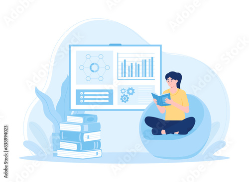 A woman learns market business trading trending concept flat illustration