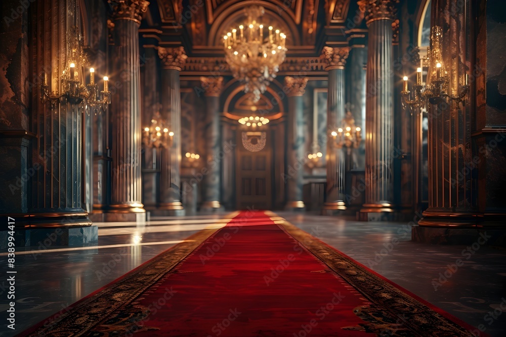 Obraz premium Elegant Velvet Podium Showcasing Premium Jewelry in a Royal Palace Ballroom: A Documentary and Editorial Photography Perspective
