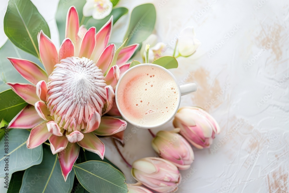 Flowers and a Tea Cup Greeting Card, Morning Flower Background, Hot Drink Cup Banner Flowers and a Tea Cup Greeting Card, Morning Flower Background, Hot Drink Cup Banner