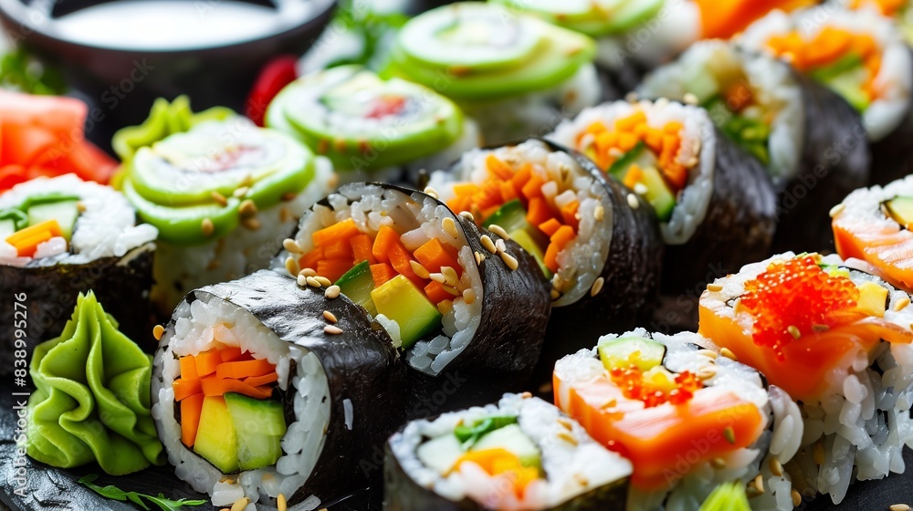 A platter of colorful veggie sushi rolls filled with avocado, cucumber, carrot, and bell pepper, served with soy sauce and wasabi. A platter of colorful veggie sushi rolls filled with avocado, cucumber, carrot, and bell pepper, served with soy sauce and wasabi.