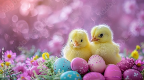 Two small yellow chicks sitting on top of a bunch of colorful eggs, AI