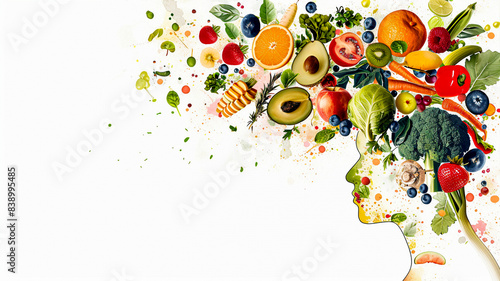 A illustration of the head with brain made from fruits  vegetables  and other healthy foods on white background