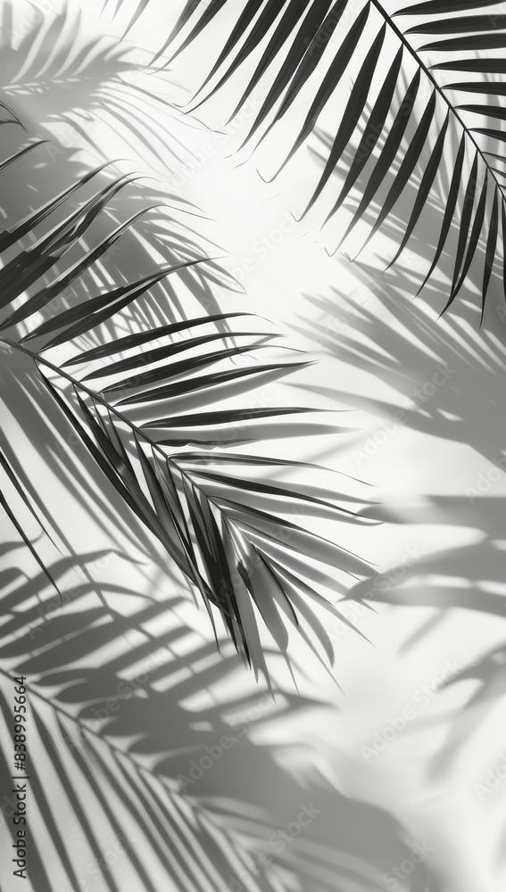 Fototapeta premium Palm Tree Leaf Shadows On A White Wall In Black And White