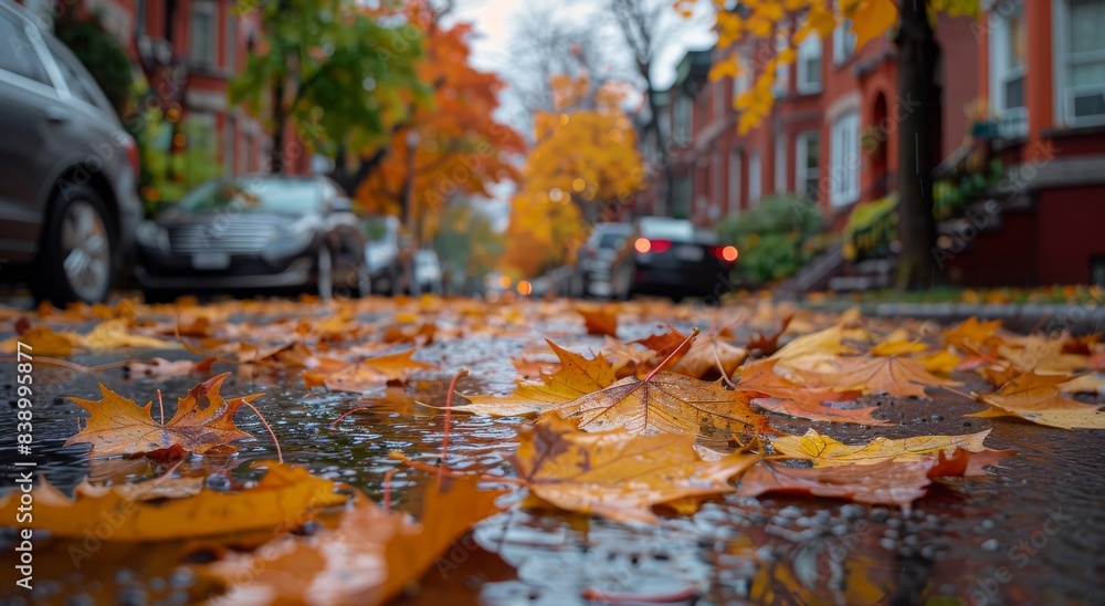 Fallen Autumn Leaves In A City Street Puddle After Rain Fallen Autumn Leaves In A City Street Puddle After Rain