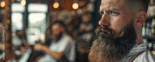 Bearded customer patiently waiting for his turn at the barbershop photo